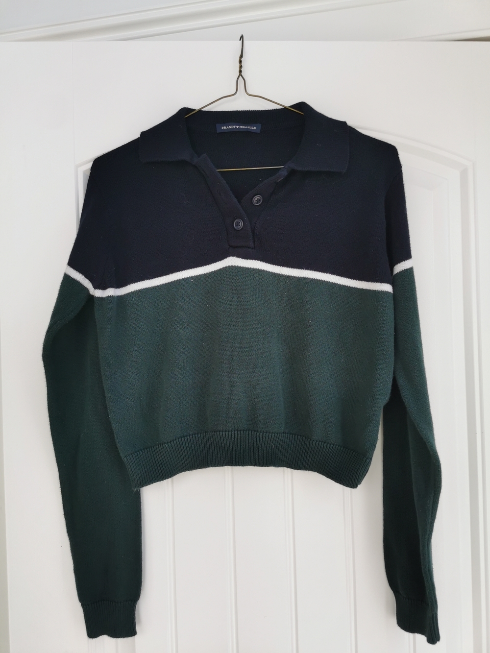 Brandy Melville Green Navy Cropped Polo Sweater